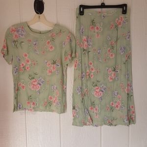 Jaclyn Smith 🌞054 Women's Set Skirt And Blouse Sz S Preowned Green Flowered